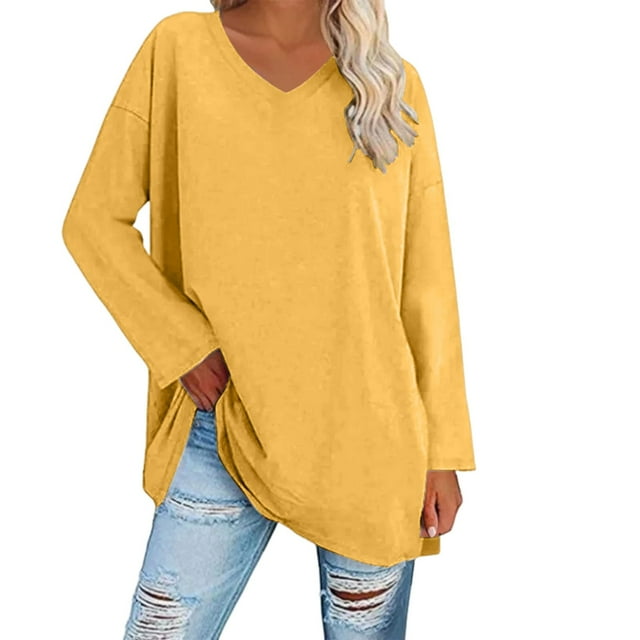 Breezora Tunique à Col Rond Surdimensionnée pour Femmes Chemise à Manches Longues Rayée Douce Coupe Ample Blouse Décontractée Confort Quotidien 2026 Taille TG Jaune