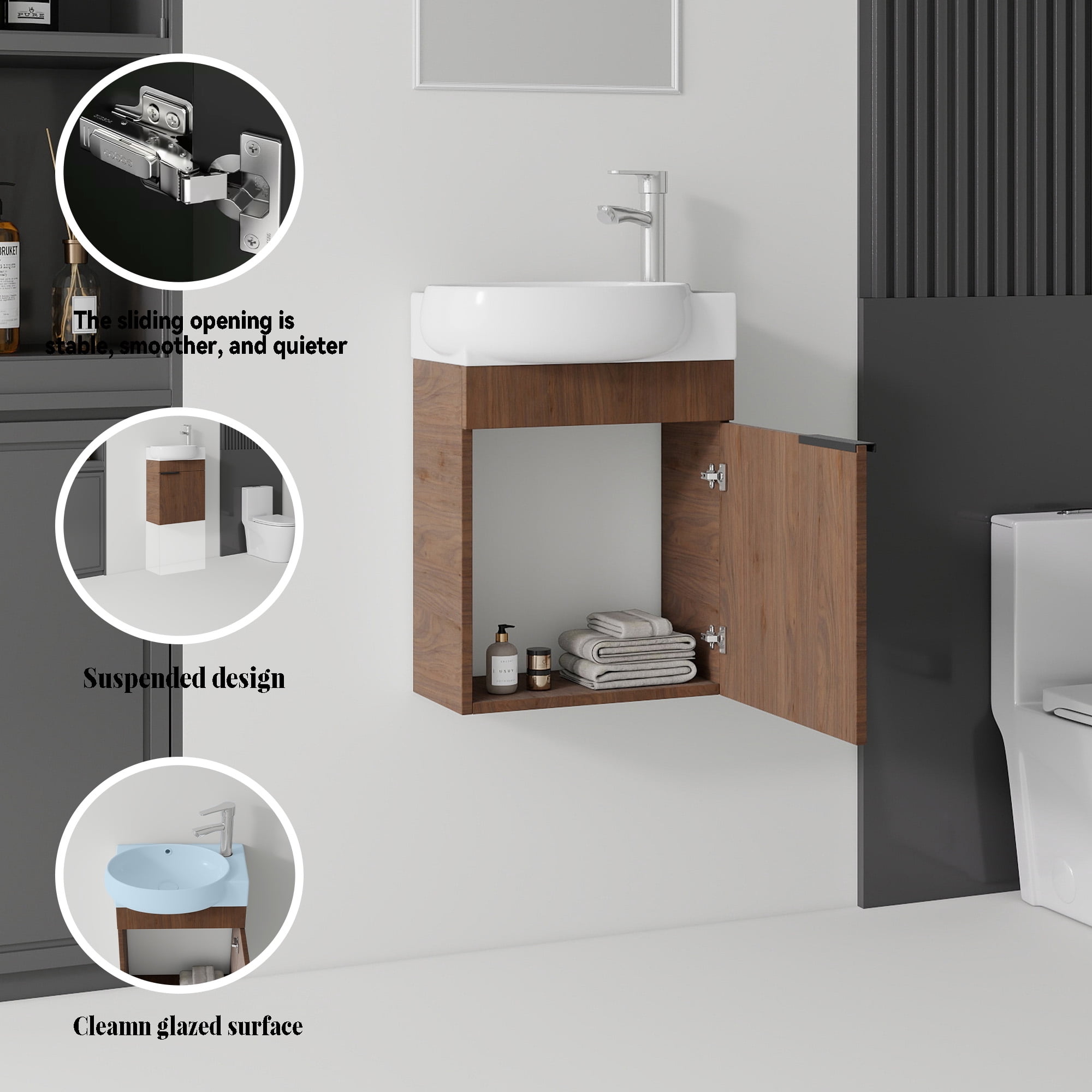 Leumius 16" Wall-Mount Bathroom Vanity Cabinet with with Ceramic Sink & Soft‑Close Doors for Small Space,Bathrooms,Brown