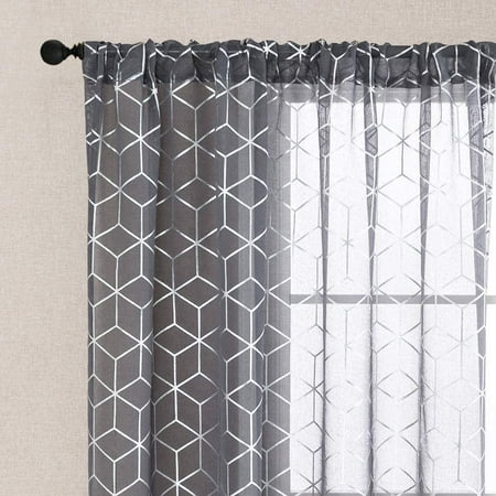 Merek Grey Sheer Curtains 45 Inches Long Metallic Semi Window Curtain For Bedroom Living Room Geometric Design Rod Pocket Brainy Pattern Ds 2 Panels Gray Canada Semi Sheer Curtains Window Curtain, Sheer White Curtains With Geometric Pattern