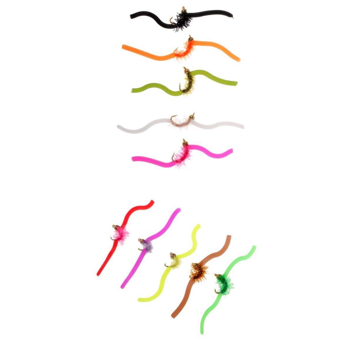 Size 10 Fly Fishing 6 Pack Red Squirmy Fishing Flies Gold Bead Squirmy Worm