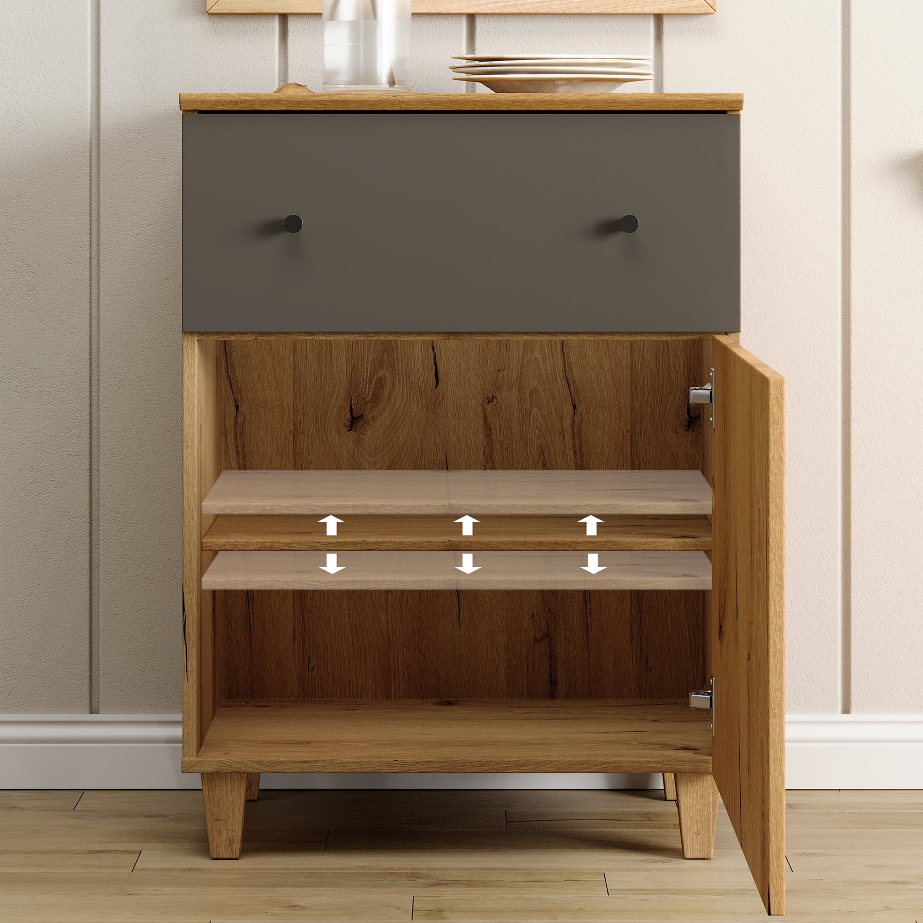 WAMPAT Modern Bedroom Furniture Set, Wooden Queen Size Canopy Bed Frame, 3-in-1 Spacious Dresser with 2 Storage Cabinets and 8 Drawers, Oak Brown