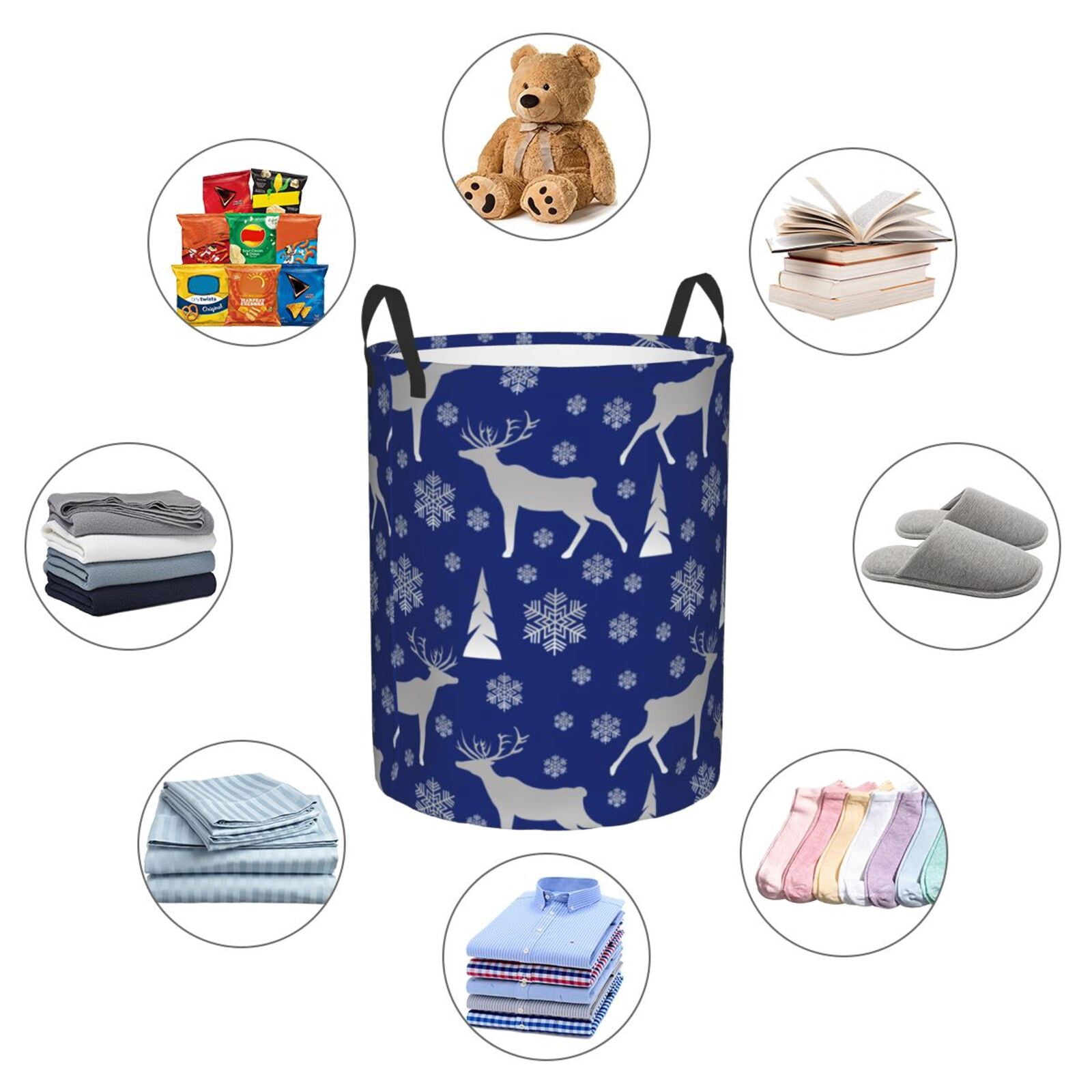 Large Laundry Basket with Handles - winter moose deer snowflakes blue Kids Baby Dirty Clothes Laundry Hamper for Bedroom Aesthetic