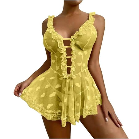 uublik Soft Lingerie Set for Women Valentine s Day Sleepwear Chemise Dress Lace Nighty Nightgowns Yellow XL