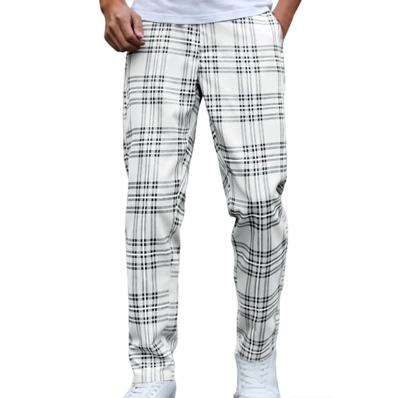 FRSASU Men's Plaid Dress Pants Regular Fit formal Pants Business Checked Trousers Color Block Lounge Pant with Pockets White