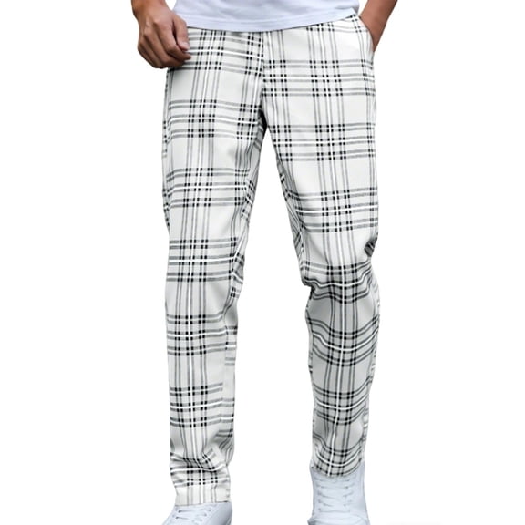 ctdiral Mens Plaid Straight Leg Pants Loose Fit Long Pant with Pockets Fall Fashion Comfy Going Out Trousets White S