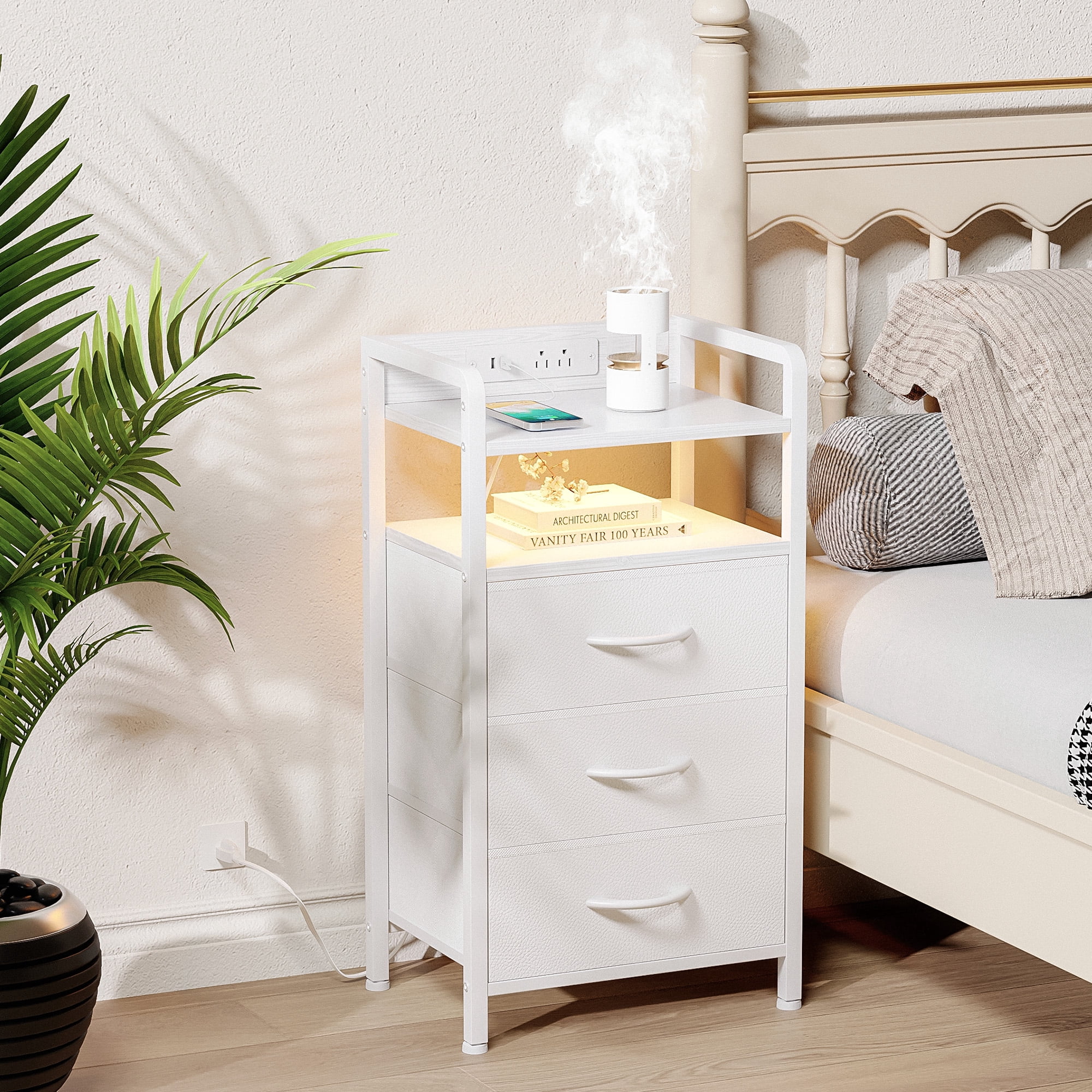 Bestco LED Nightstand End Table with Charging Station & 3 Drawers for Bedroom White