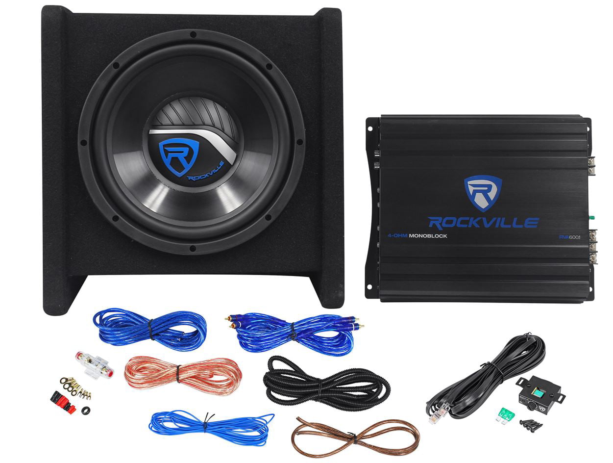 Rockville RV10.1A 500w 10 Loaded Car Subwoofer Enclosure+Mono Amplifier+Amp Kit