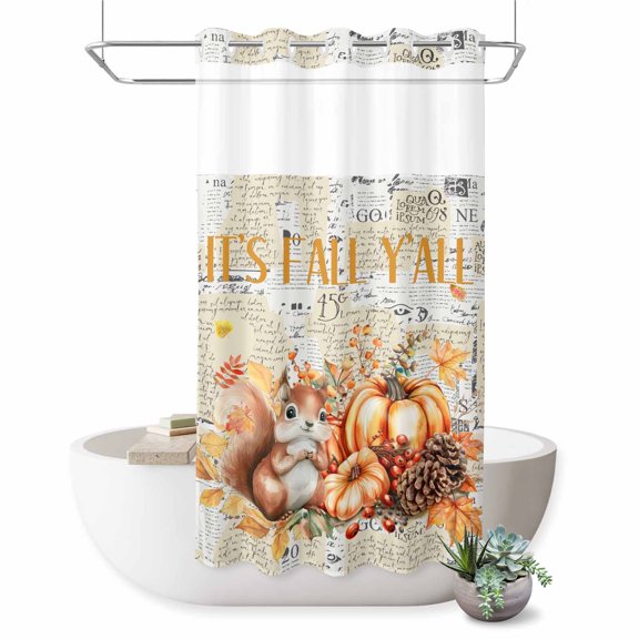 Small Stall No Hook Shower Curtains Fall Squirrel Pumpkins Waterproof Fabric Shower Curtain Set Vintage Maple Leaf Thanksgiving Bath Curtains for Bathroom Decor with See Through Top Window 36x72 Inch