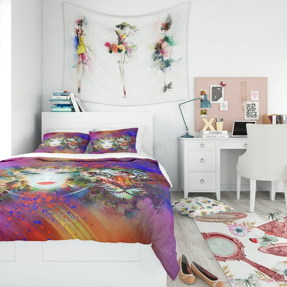 Designart 'Colorful Tiger and Woman Face' Modern Teen Duvet Cover Set