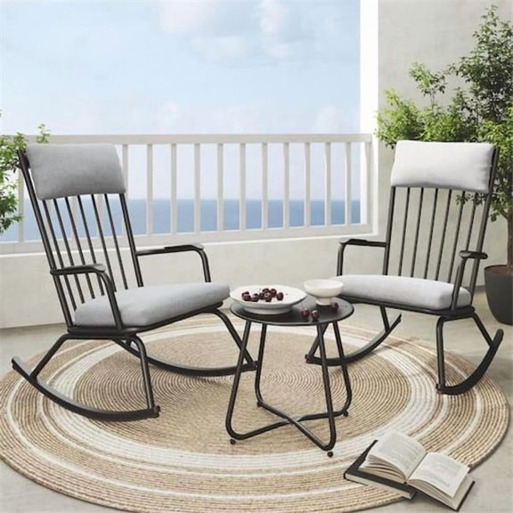 Upland RC-545-BK Outdoor Rocking Chair Set, Black - 3 Piece