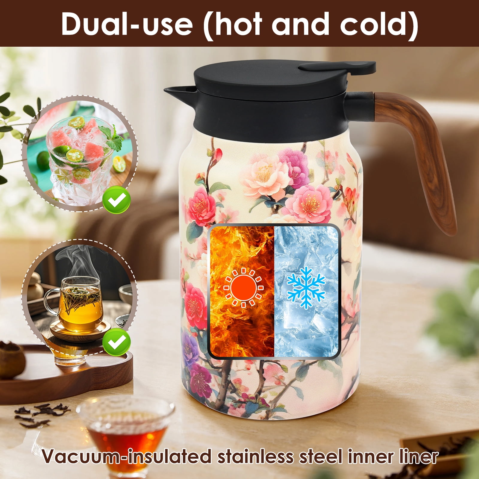Qenwkxz 50.73 oz Insulated Teapot, White Vintage Floral Pattern Tea Pot with Infuser, Stainless Steel Thermal Teapot with Lid, Wooden Handle Thermal Carafe for Hot Drinks Coffee