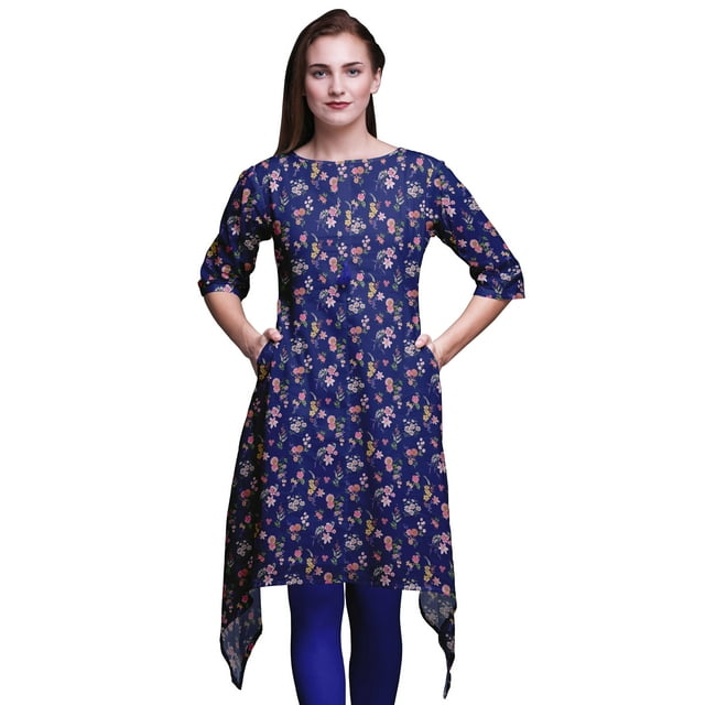Bimba Hauts Imprimés à Feuilles Bleues et à Fleurs pour Femmes Kurti Asymétrique Robe d'Été pour Filles Grande