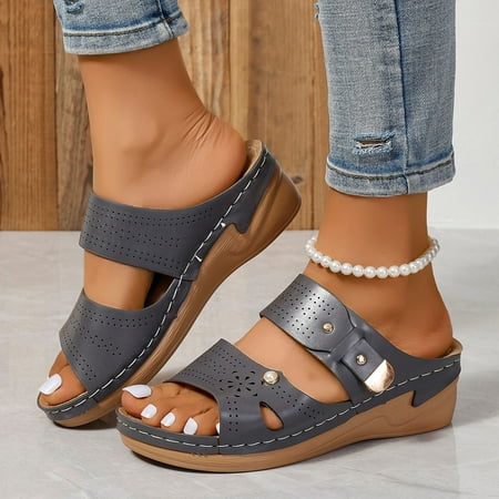 

WNG Ladies Summer Casual Solid Colour Hollow Pearl Slope with Large Size Sandals Slippers