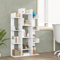 HYJY Tree Bookshelf, Wooden Bookcase with 13 Staggered Shelves, Geometric Display Shelf, Wood Storage Organizer, Book Shelf for Bedroom, Living Room, Home Office (White)