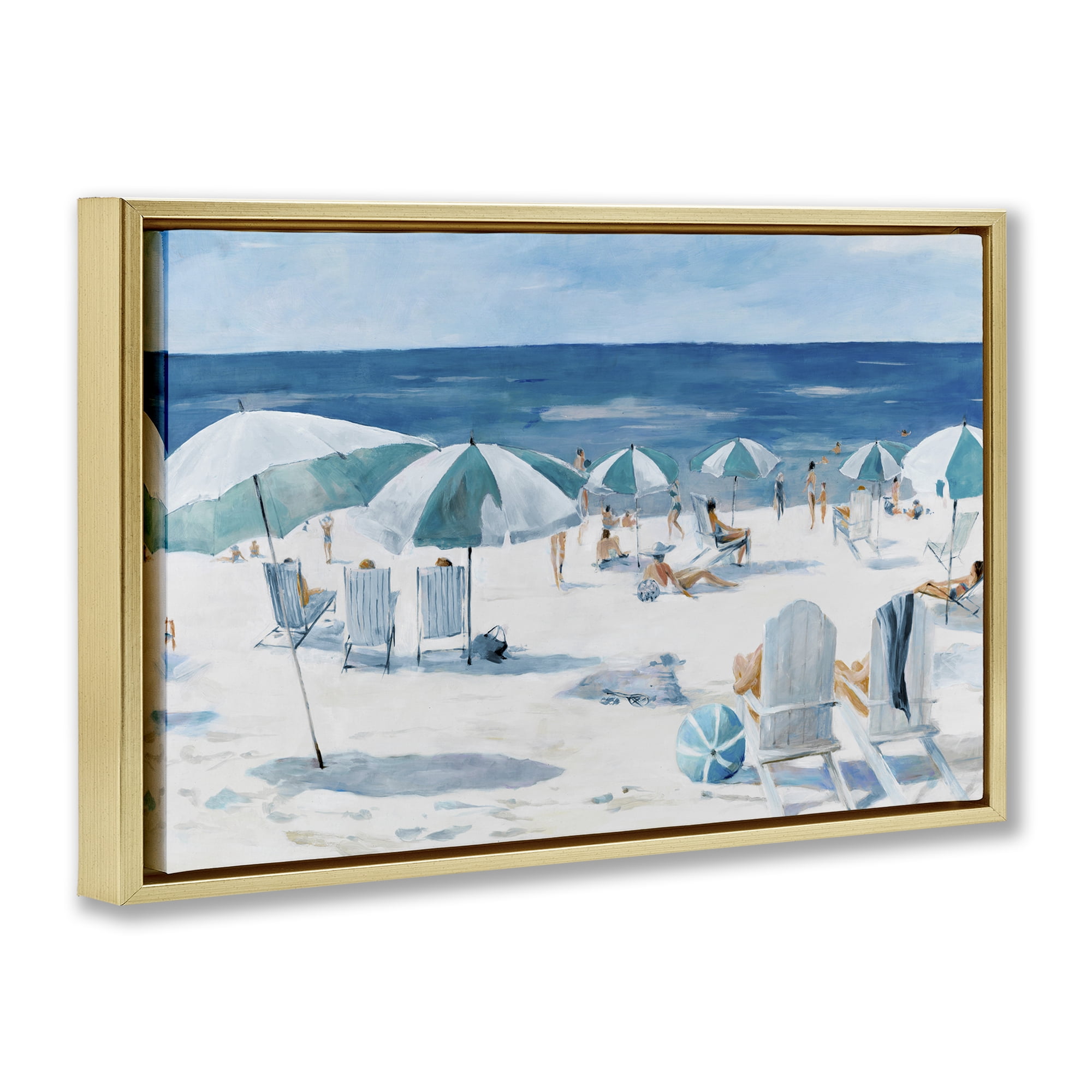 Stupell Industries Umbrella Beach Coastal Scene Gold Framed Floater Canvas Wall Art, design by Lorenzo Collective