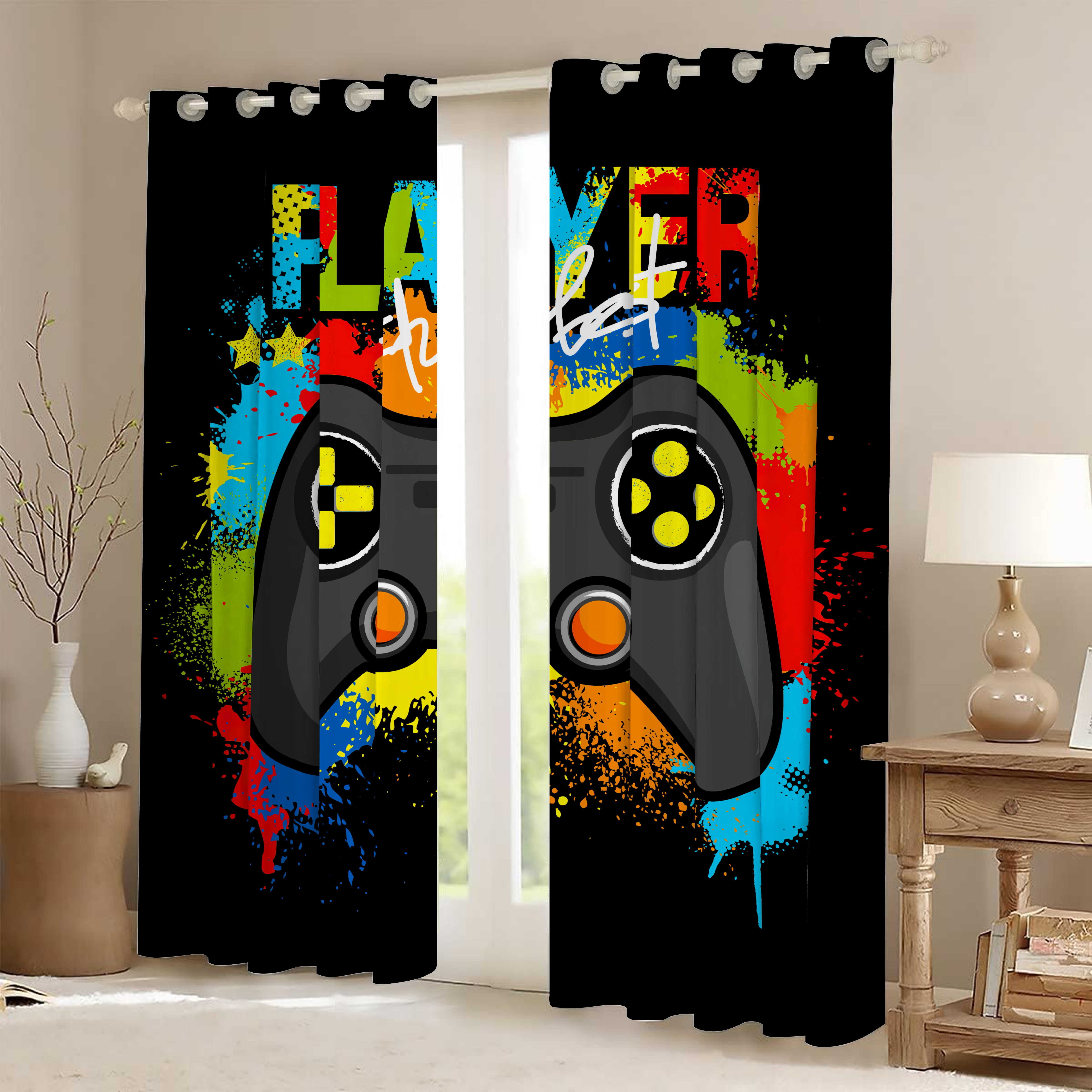 Gaming Game Controller Blackout Curtains - Colorful Gamer Gamepad Decor for Kids Boys Teens Teenager Bedroom Home Living Room Darkening Grommet Window Drapes 2 Panel Set, 52"x84"