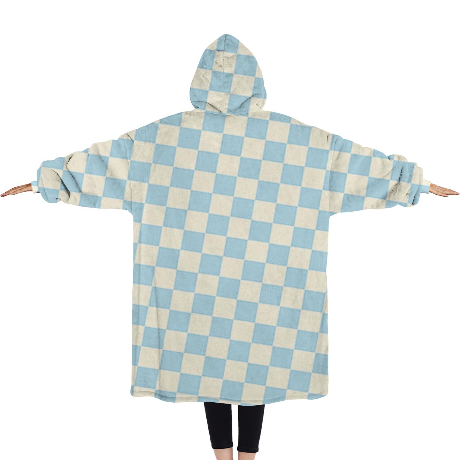 Oversized Wearable Blanket Hoodie,Light Blue and Cream Checkered Pattern Sherpa Blanket Hoodie with Super Pockets,Super Warm Fuzzy Pullover for Women & Men