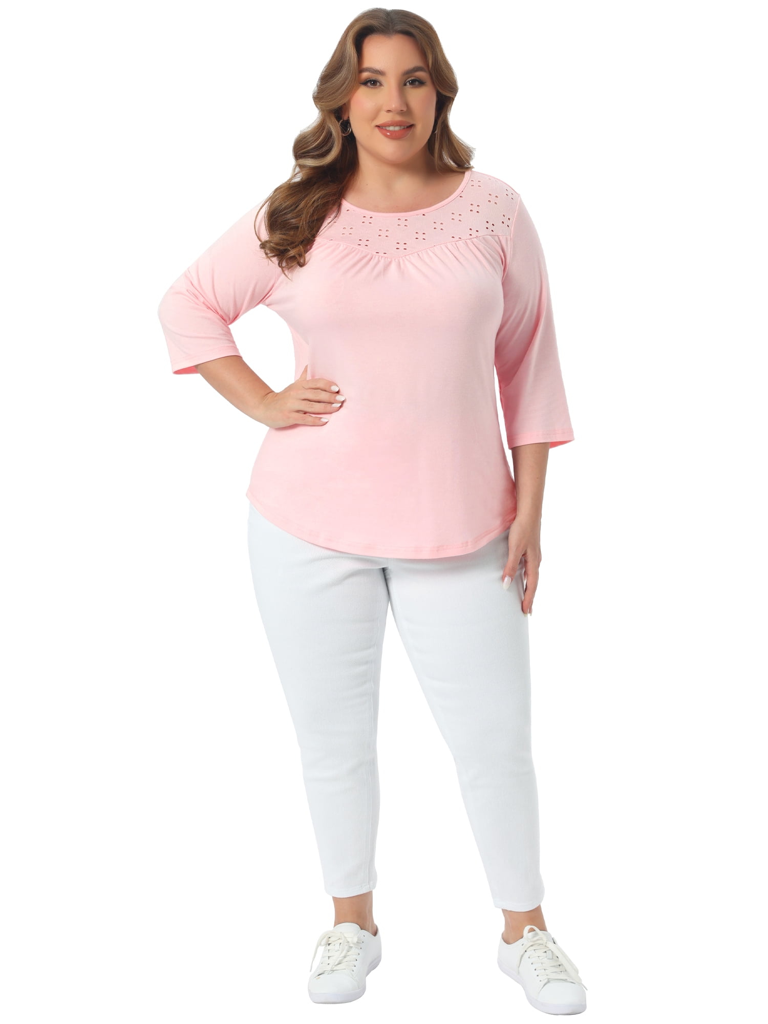 DARING DIVA Women's Plus 3/4 Sleeve Crochet Lace Detail Blouse Tunic Shirt 1X Pink