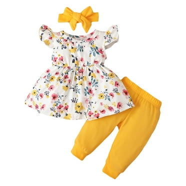 Kids Girls Clothes, Fly Sleeve Round Neck Floral Tops Solid Color Jogger Trousers Head Band Casual Outfits