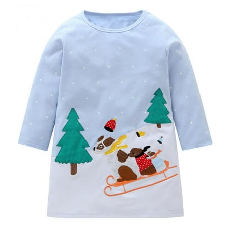 Baby Little Girls Long Sleeve Christmas Sled Dog Print Basic A-line Cotton Dress 2-3T