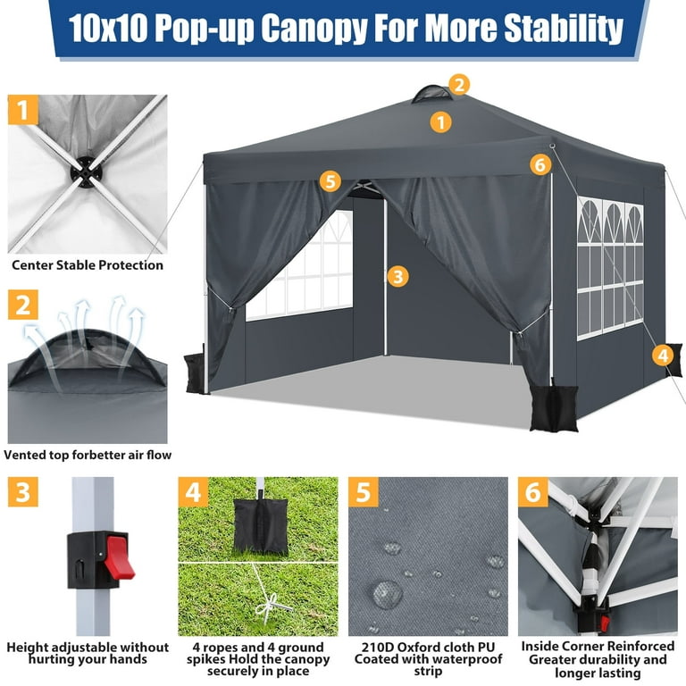 10 ft. x 10 ft. Gray Pop Up Sidewall Canopy Tent- 5-Pieces of