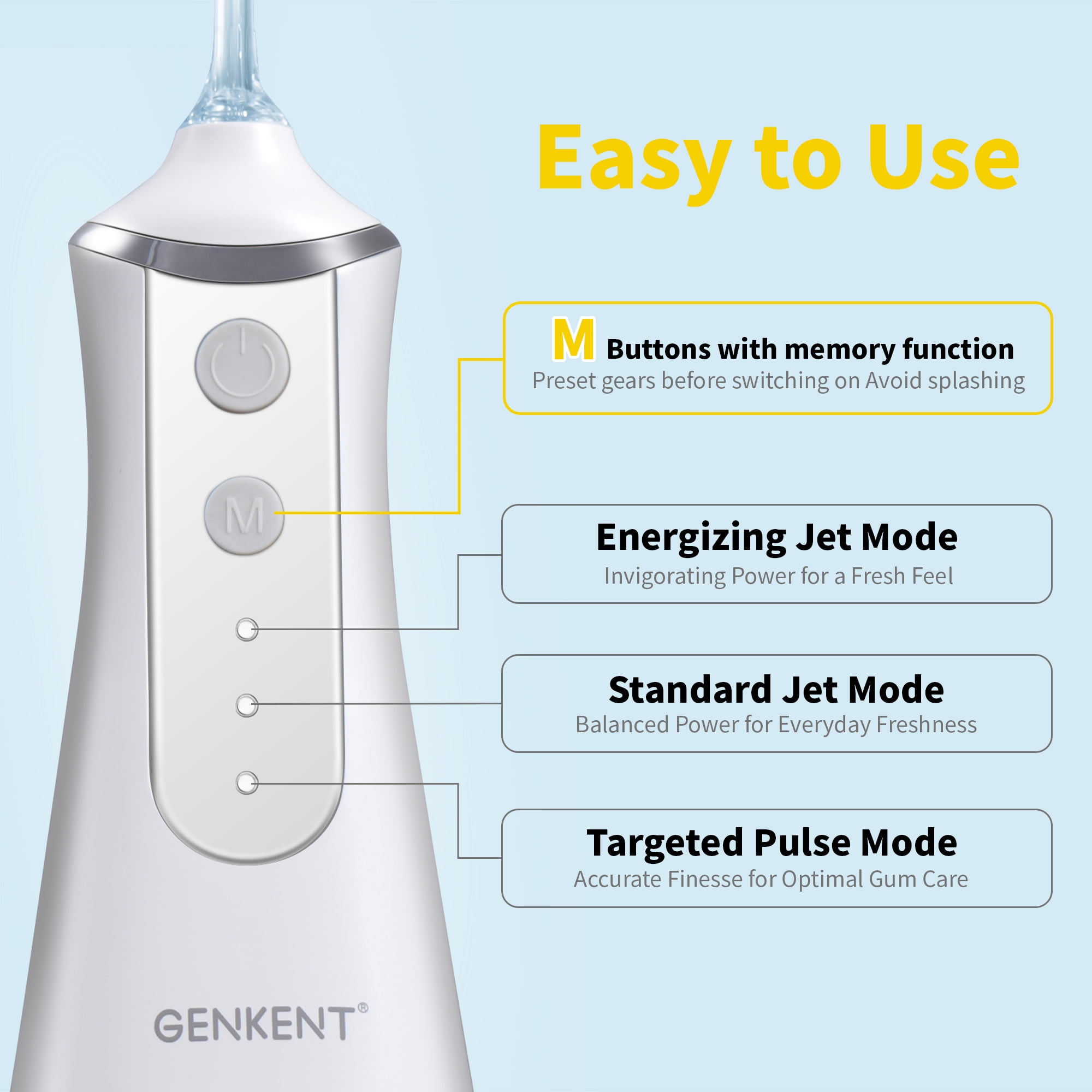 GENKENT Water Flosser for Teeth, Cordless Dental Flosser 3 Modes 5 Tips Rechargeable, White