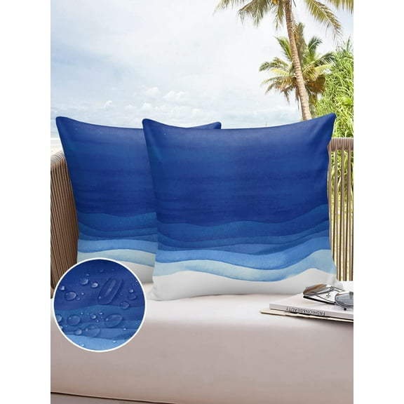 Outdoor Throw Pillow Cover Watercolor Blue and White Gradient Waterproof Cushion Covers 2 Pack Modern Ocean Art Pillow Cases Home Decoration for Patio Garden Couch Sofa