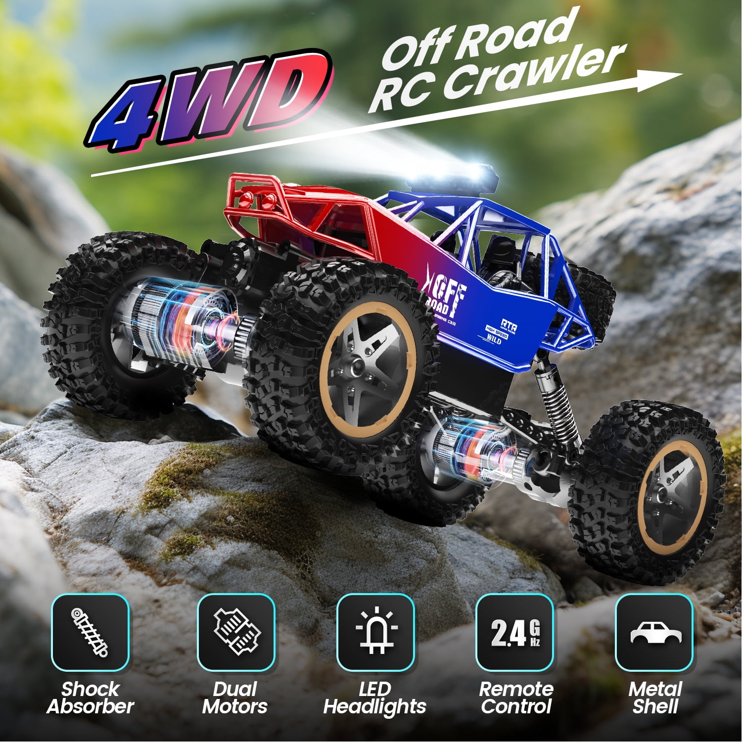 JoyStone 4WD RC Cars, 1:16 Off Road Monster Truck with LED Headlight Rock Crawler, 2 Batteries for 70+ Min Play, Gift Toys for Girls Kids Boys (Red & Blue)