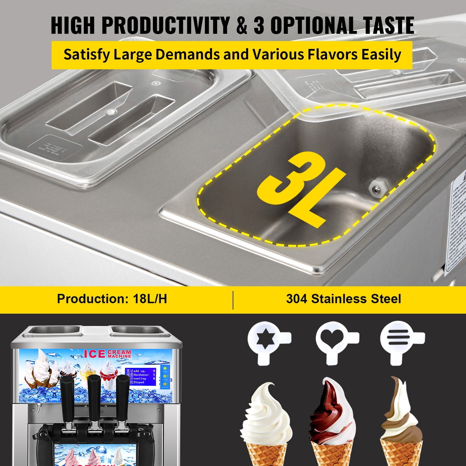 SHENGJINSH 1200W Ice Cream Machine, 18L/H Soft Serve Machine, Countertop Ice Cream Maker with 3 Flavors LCD Panel