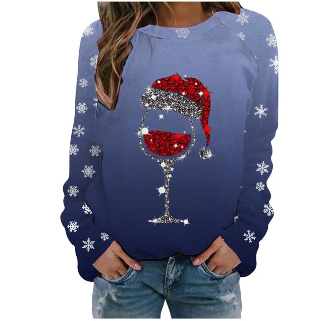 VJATTWR Mes Articles Chandail en Molleton de Noël pour Femmes Automne et Hiver Flocon de Neige Rouge Verre Dégradé Imprimé Col Rond Épaule Manches Longues Décontracté Sport Chandail en Molleton Get it Fast