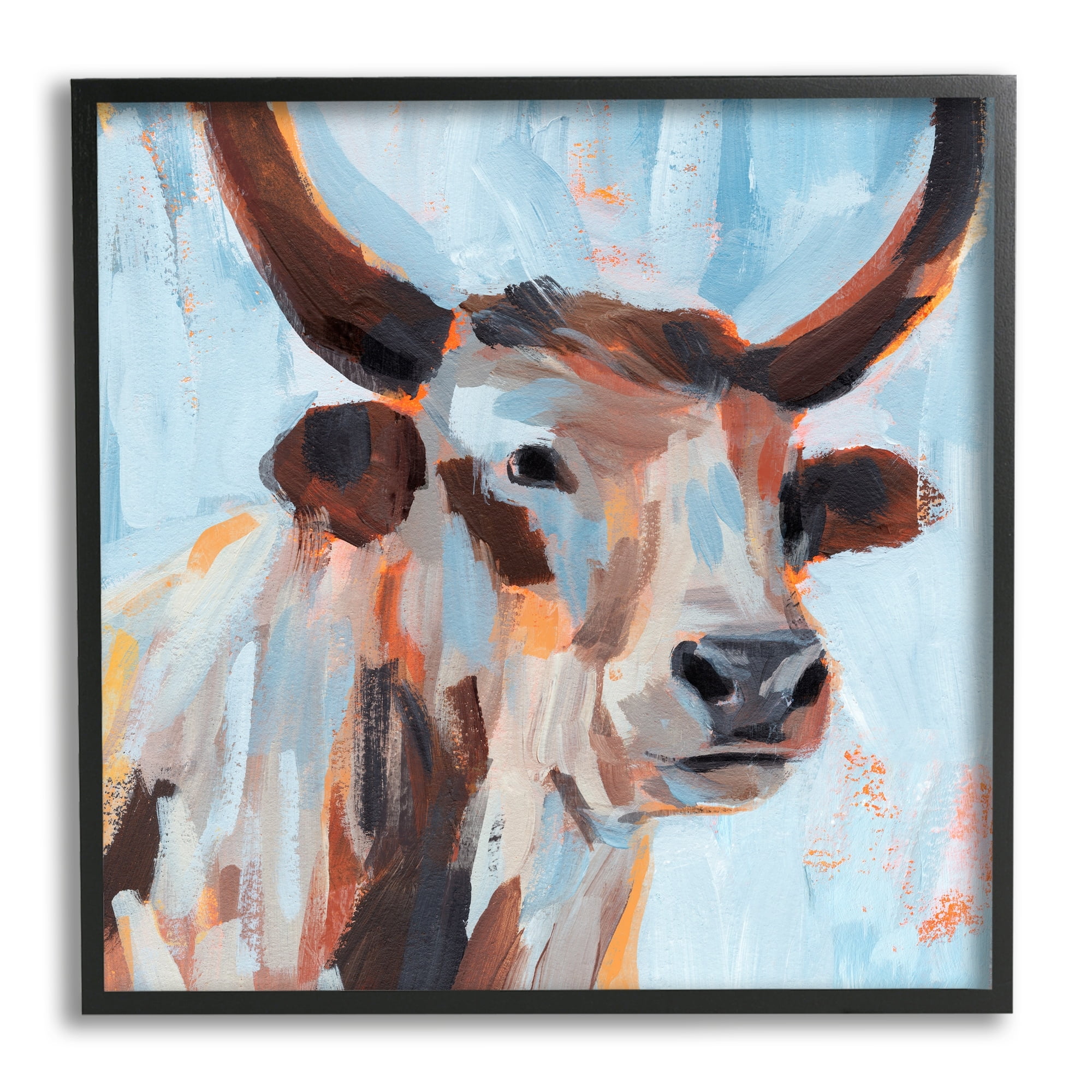 Stupell Industries Modern Cattle Cow Painterly Brushstrokes Blue Background Framed Wall Art, 17 x 17, Design by Annie Warren
