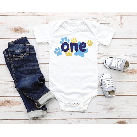 Bella Canvas with Blue Dog One First Birthday Baby Infant, Blue First Birthday Baby Outfit, 1St Bday Cute Baby Boy or Girl Bodysuit Gift