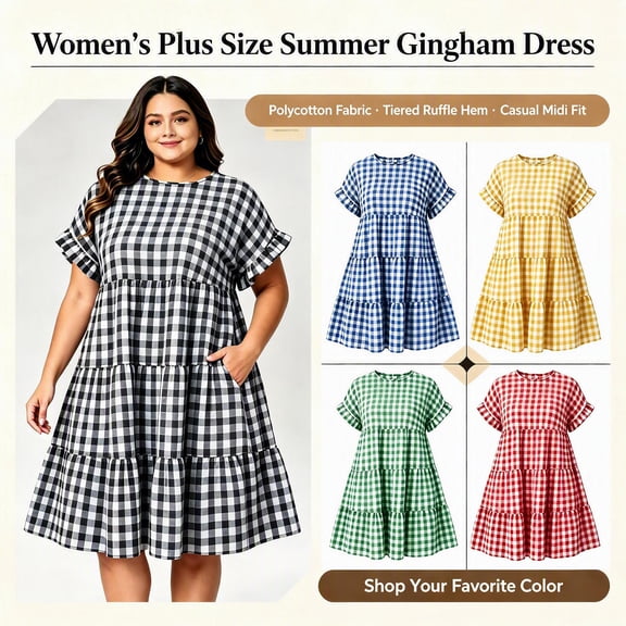 Sokhug Womens Plus Size Gingham Check Tiered Ruffle Short Sleeve Casual Summer Fashion Dresses with Pockets