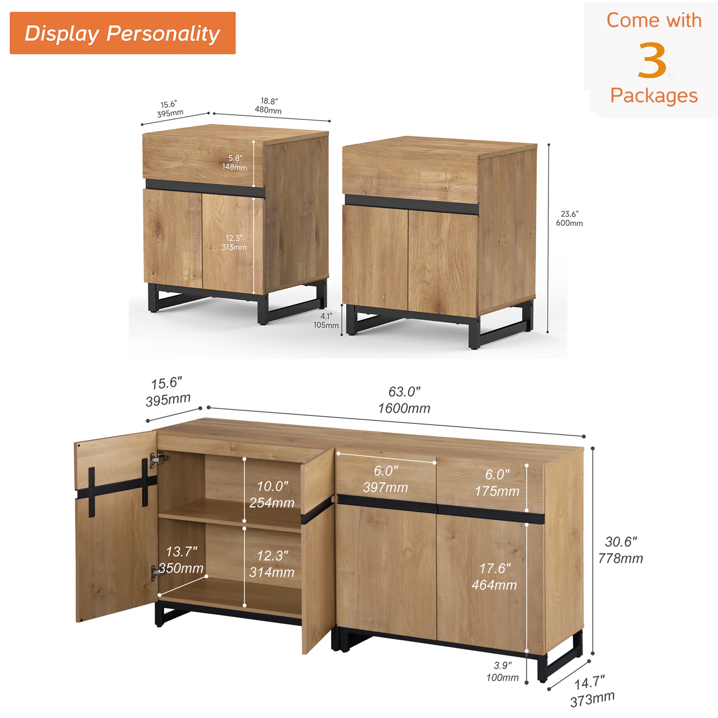 Modern 3-Piece Living Room Set – 63" TV Stand + 2 End Tables with Drawers, Entertainment Center with Storage Cabinet for Living Room,Oak