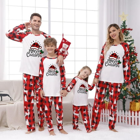 

Homchy Women Christmas Parent-Child Suit Round Neck Long Sleeve Plaid Christmas Homewear Suit