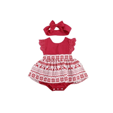 

Suanret Baby Christmas Print Fly Sleeve Lace Patchwork Romper Headband Outfits