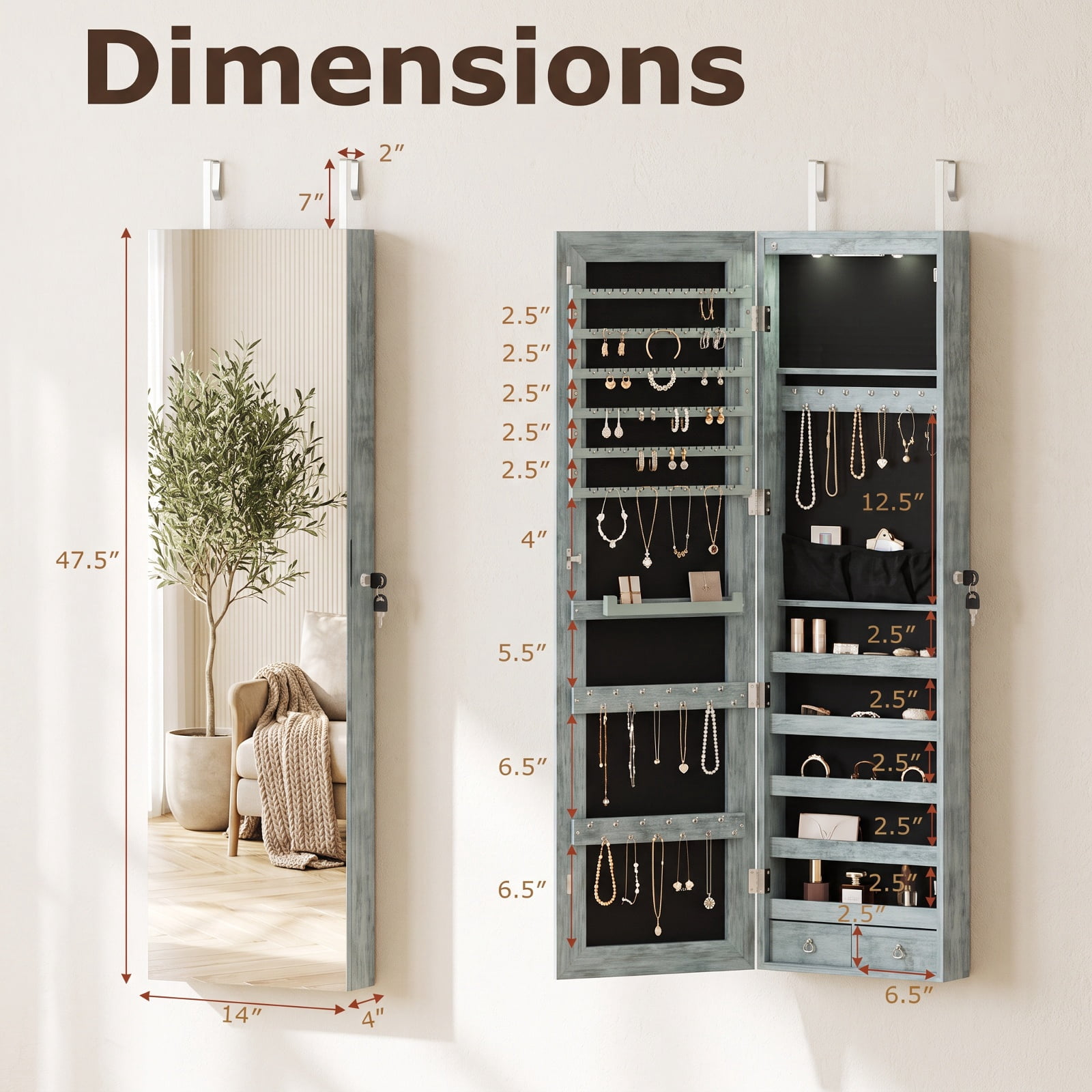 Furnibear Wall and Door Mounted Mirrored Jewelry Cabinet with Lights for Bedroom Dressing Room Jewelry Necklace Rings Storage Mirror, Navy