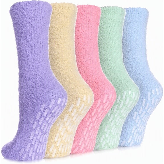 Non Slip Fuzzy Socks with Grips for Women Hospital Anti Skid Slipper Socks, Cozy Warm Fluffy Rainbow Sleep Socks Gift, 5 Pairs