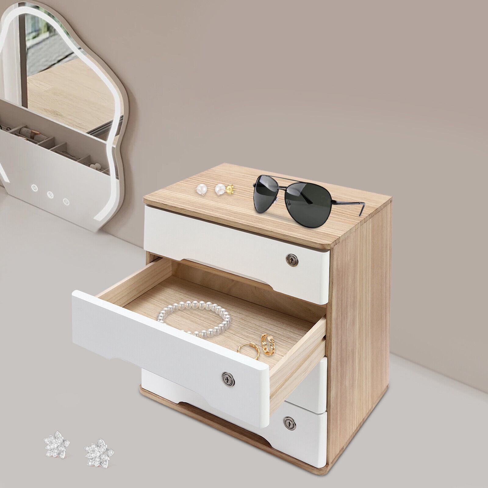 Wooden Desktop Storage Cabinet Desk Organizer Desktop Storage Box with Lockable