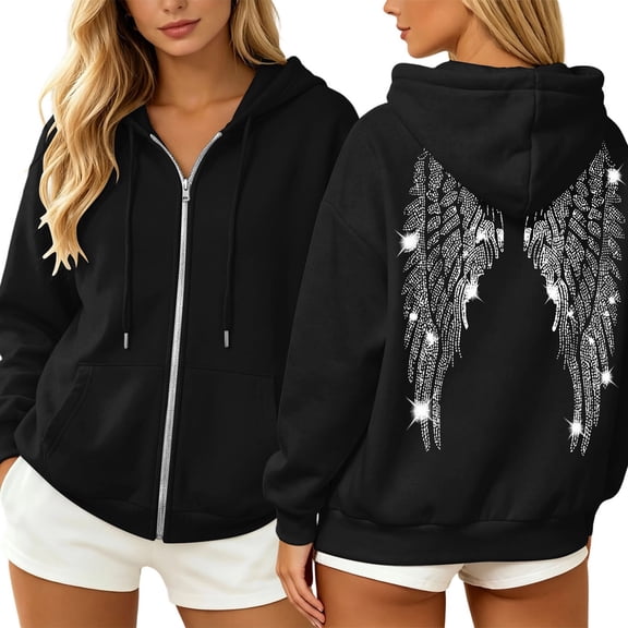 Kuingms Women's Zip Up Hooded Jacket Rhinestone Angel Wing Back Graphic Solid Color Long Sleeve Loose Casual Outerwear