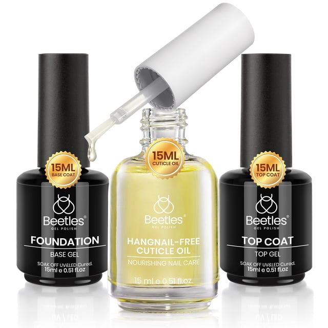 Beetles - Juego de 3 protectores de cutícula de gel de 0.5 onzas líquidas, capa base y aceite para cutículas, no se limpia, brillo brillante, kit de protectores de cut