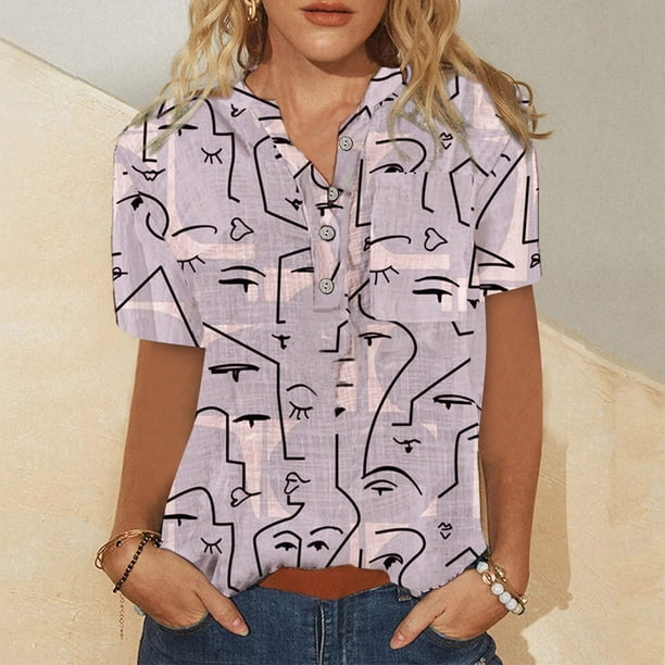 Puntoco camisas para mujer verano Casual algodón Lino manga corta camiseta suelta ajuste botón abajo solapa camisetas blusas casuales Puntoco Puntoco-3933