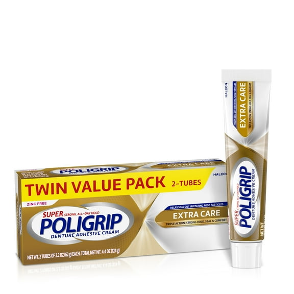 Super Poligrip Extra Care Denture and Partials Adhesive Cream, 2.2 Oz, 2 Pack, for Adults