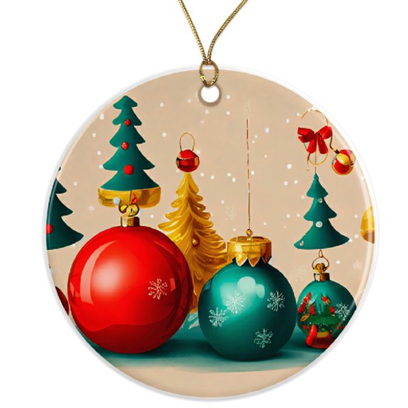 Christmas Tree Ornament - Festive Decoration - Holiday Season Decor - Red Green Gold Snowflake - Xmas Tree Ornament Ceramic Ornament - 3 Inch Christmas Tree Round Ornament ORNW0236