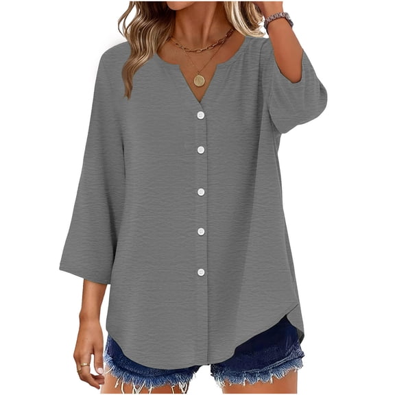 Yievot Button Down Shirts for Women 3/4 Sleeve Business Casual Tops V Neck Loose Fit Tunic Blouses