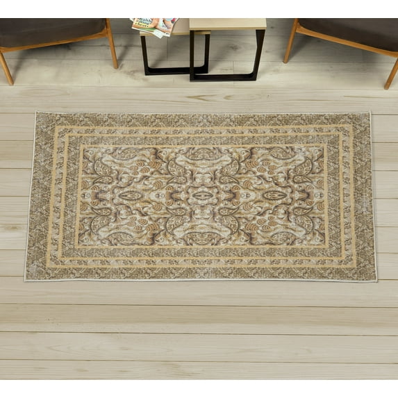 Eastern Decorative Rug, Oriental Culture Pattern of Paisley Bloom Flowers and Bohemian Leaves, Quality Carpet for Bedroom Dorm and Living Room, 6 Sizes, Pale Yellow, by Ambesonne