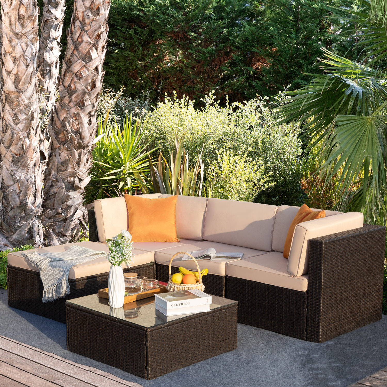 Lacoo 5 Pieces All-Weather Conversation Set and Glass Table Orange Pillow, Garden, 4, Rattan - image 4 of 7