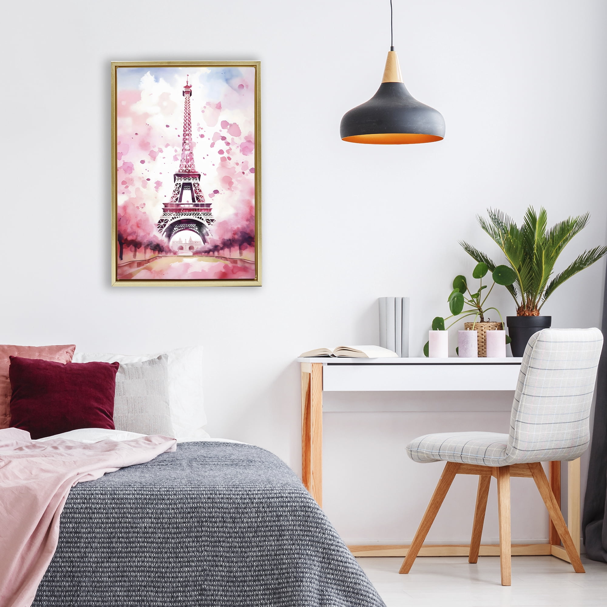 Stupell Industries Blush Watercolor Eiffel Tower Gold Framed Floater Canvas Wall Art, design by Creative Studio