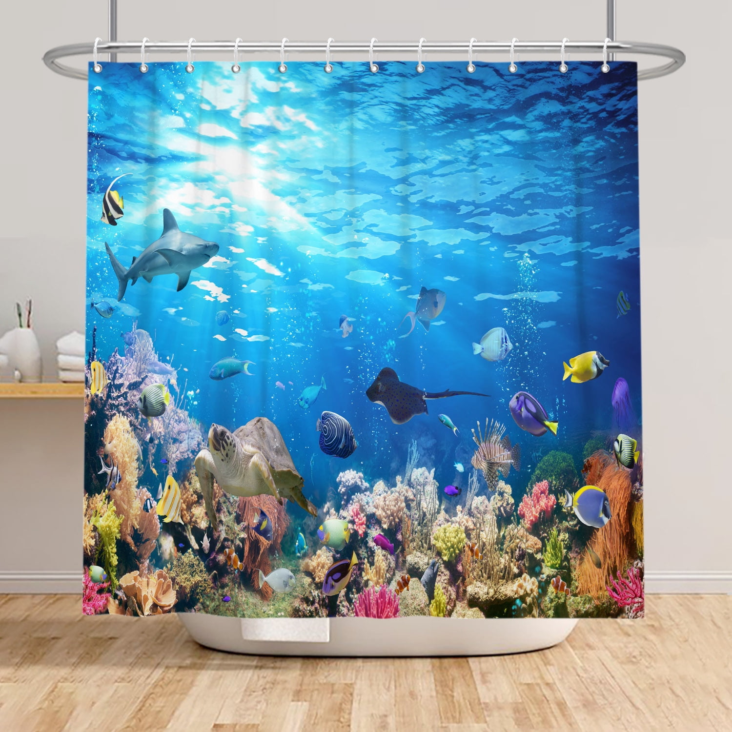 SUNOLIFE Under the Sea Shower Curtain Ocean Coral Fish Fabric Bathroom Curtain with Hooks,47x64 in