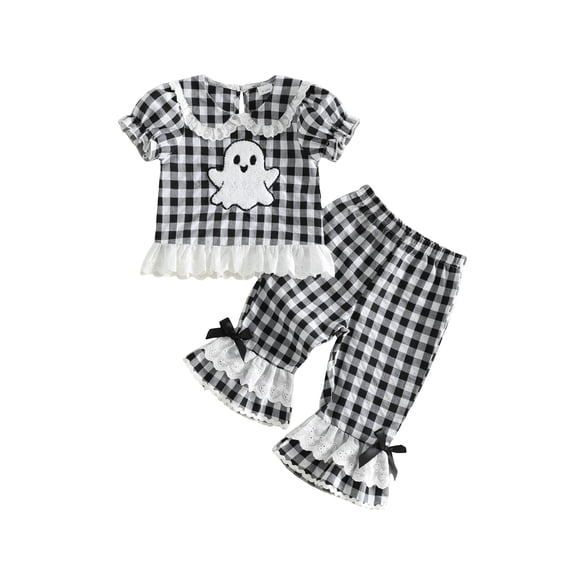 Cjfdfy Toddler Baby Girls Halloween Thanksgiving Outfits Infant Baby Girls Fall Winter Clothes Pumpkin Embroidery Plaid Short Sleeve Doll Collar Shirt Tops Ruffled Long Pants Set